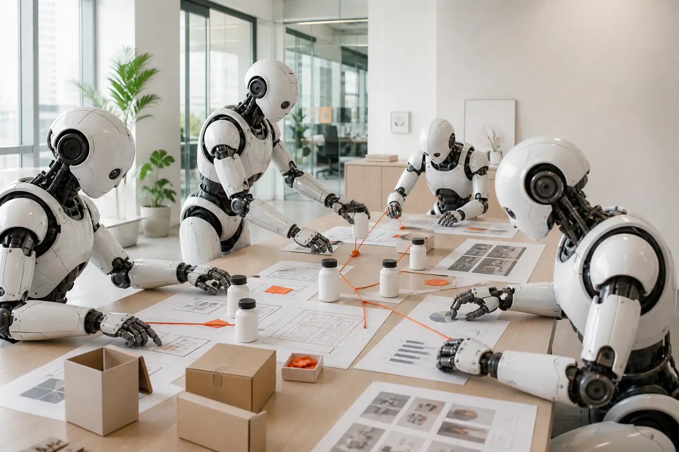 A coordinated team of service robots mapping one integrated product growth system
