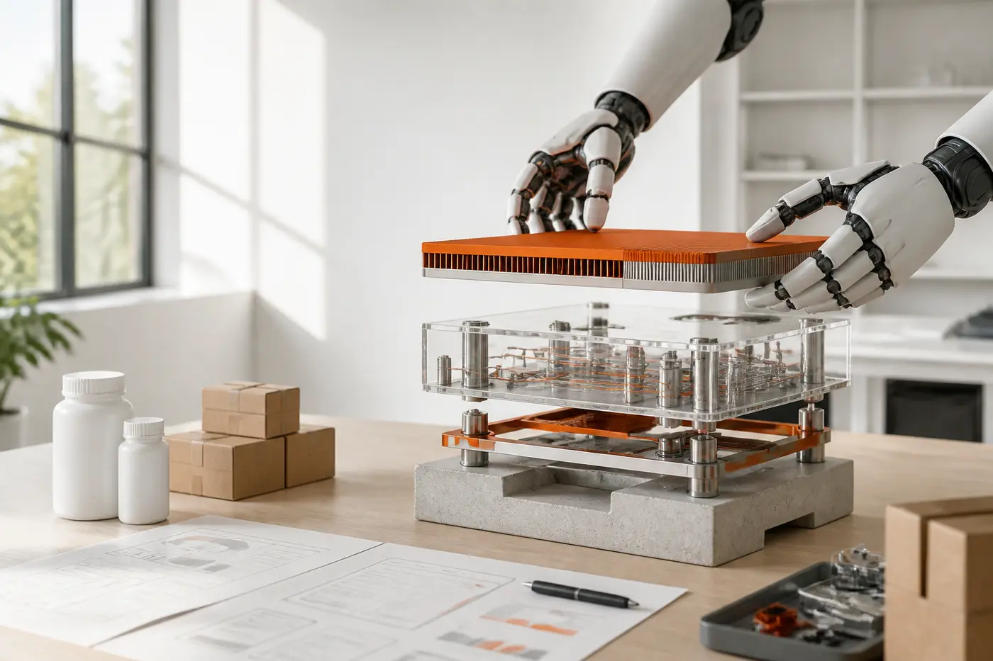 Robotic hands assembling three physical layers of one growth system